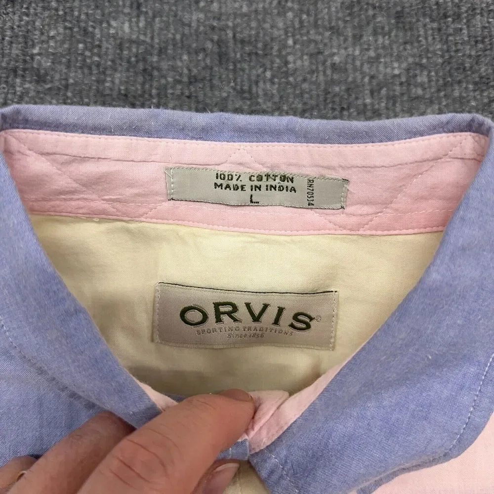 ORVIS Shirt Mens L Pink Blue Yellow Short Sleeve Button Up Colorblock Pastel VTG - Picture 4 of 8